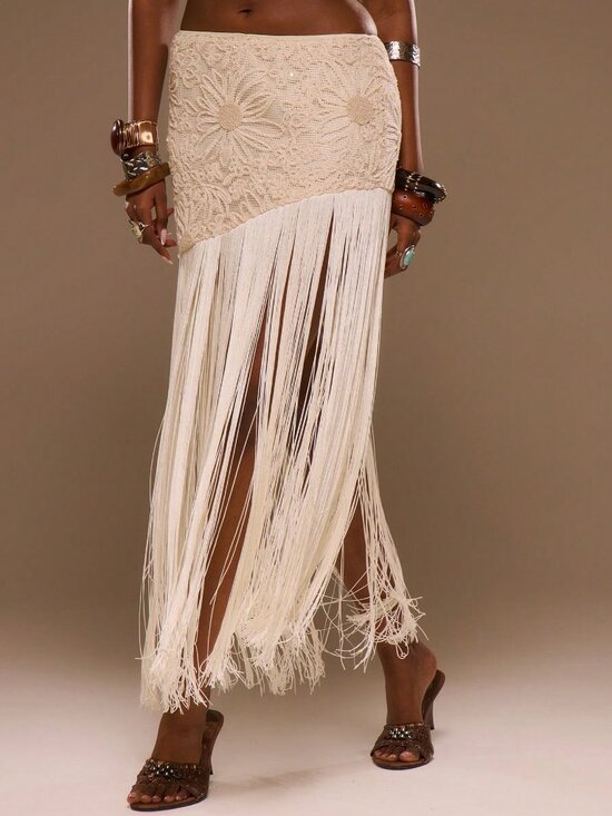 Dresses & Skirts - Cream Sun Patterned Lace Fringed Women's Midi Skirt